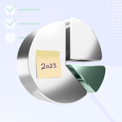 A pie chart divided into various sections with a post-it note that says '2023'